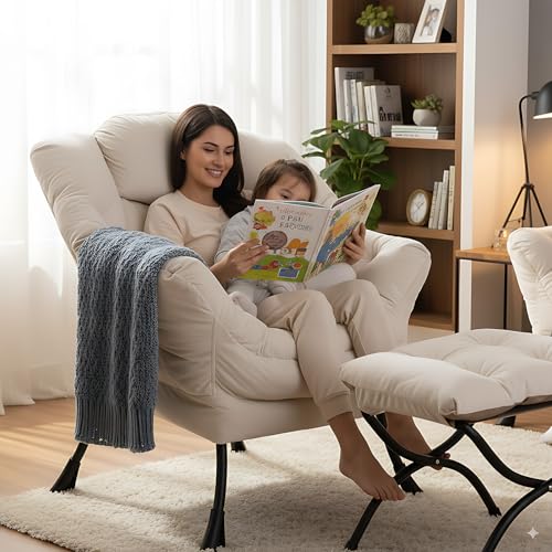 Image of LITA Lazy Chair with Ottoman, Modern Accent Leisure Upholstered Sofa Chair, Contemporary Lounge Reading Chairs with Armrests and a Side Pocket for Living Room, Bedroom & Small Space, Beige