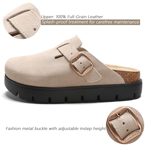 Image of Women's Suede Platform Clogs Leather Mules Slip On Indoor Outdoor Shoes | Arch Support, Cork Footbed, Adjustable Buckle,All Day Comfort
