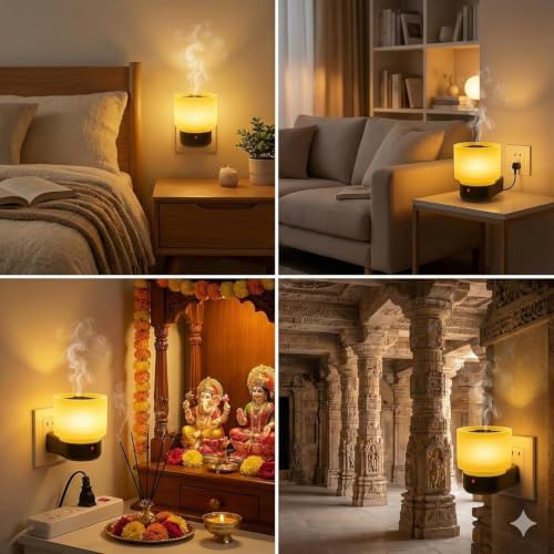 Image of Electric Kapoor Dani with On /Off Switch & Night Lamp | Flameless Camphor Diffuser, Steel Plate for Pooja Room & Bedroom & Office | Works with Camphor, Essential Oils & Bakhoor