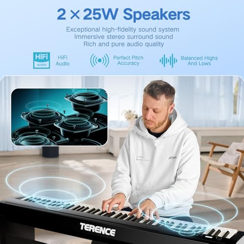 E Piano 88 Tasten Hammermechanik：TERENCE Digitalpiano P50 88-Tasten 2x25W HiFi Lautsprecher & Spatial Audio Mobile Videoaufnahme Bluetooth MIDI Doppel-Tastatur Kopfhörer/Lautsprecher Unterstützung