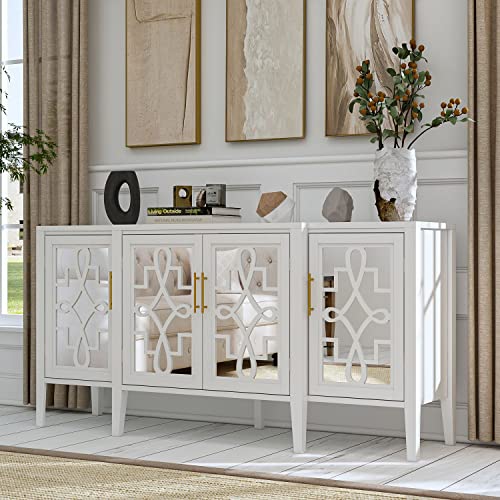Famapy Mirrored Sideboard Buffet Cabinet Kitchen Sideboard Cabinet With 4 Acrylic Glass Doors, Credenza Sideboard Buffet, Wooden Legs, For Living Room Hallway (62.9”W X 17.5”D X 31.5”H) #TOP17