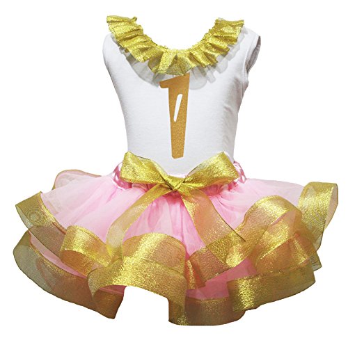 Image of Petitebella Bling Gold 1 to 6 White Shirt Pink Gold Petal Skirt Outfit