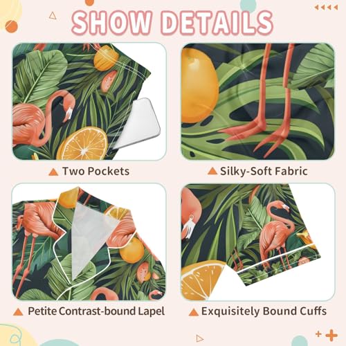 senya Orange Flamingos Satin Summer Pajama Sets Silk Short Sleeve Button Down Sleepwear3