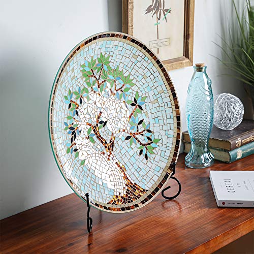 15" Round Mosaic Glass Decorative Charger Plate with Stand Tree Pattern - Thumbnail 7