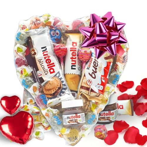 Corazon de Kinder Bueno, Geles de Frutas, Galletas Nutell Biscuits y Chupa Chups. +20 Piezas de Chocolates y Chuches. Regalo para San Valentín [IAMI]