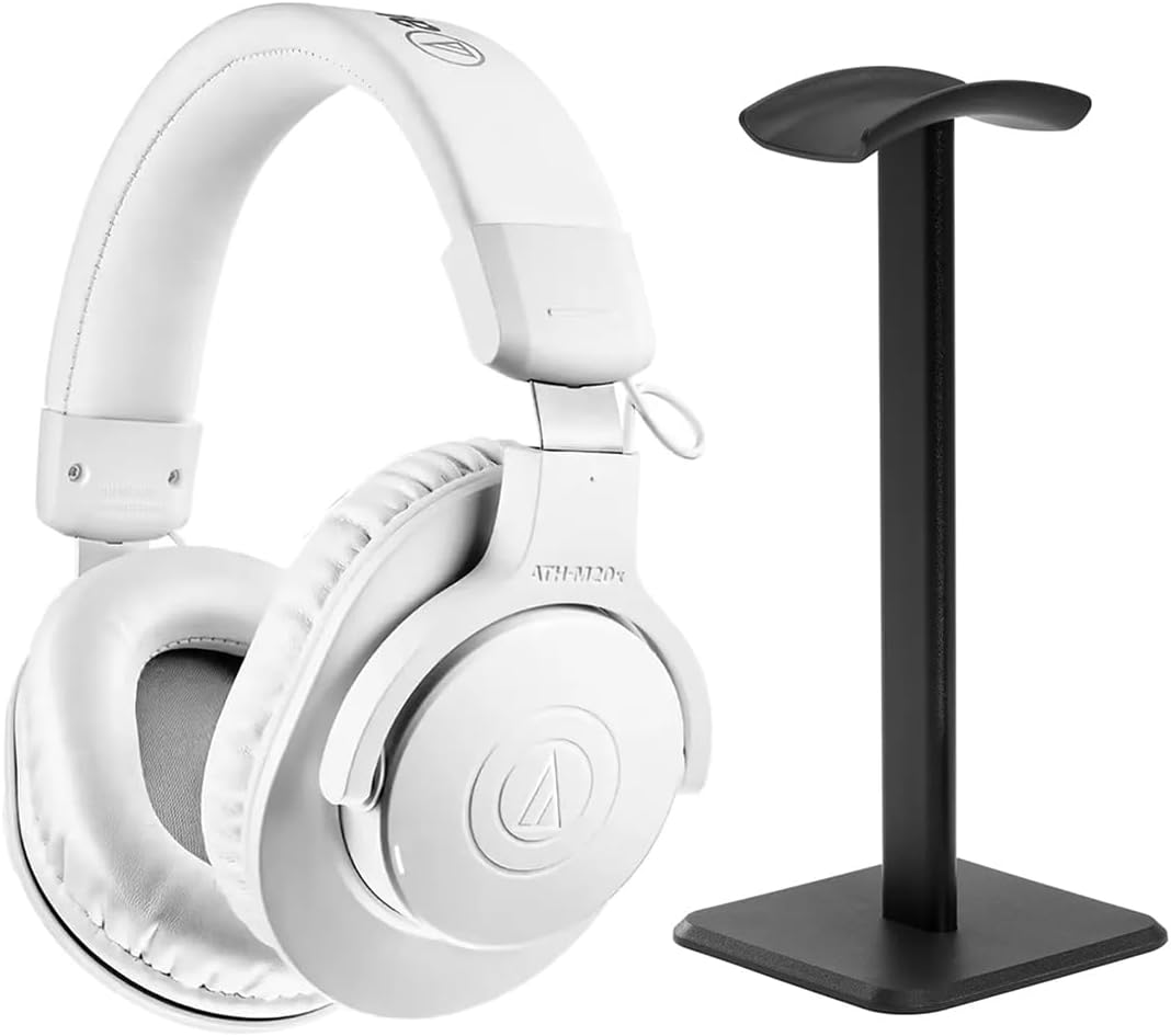 Audio-Technica ATH-M20x Closed-Back Over-Ear Professional Monitor Headphones, White, Bundle with Desktop Stand
