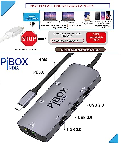 Image of USB C Hub Dock - PiBOX India 6 in 1 Aluminum Type C Adapter with HDCP Support 4K HDMI Port, Ethernet 100mbps RJ45 Port, USB 3.0 Port, USB-C Power Delivery, for Thunderbolt Devices