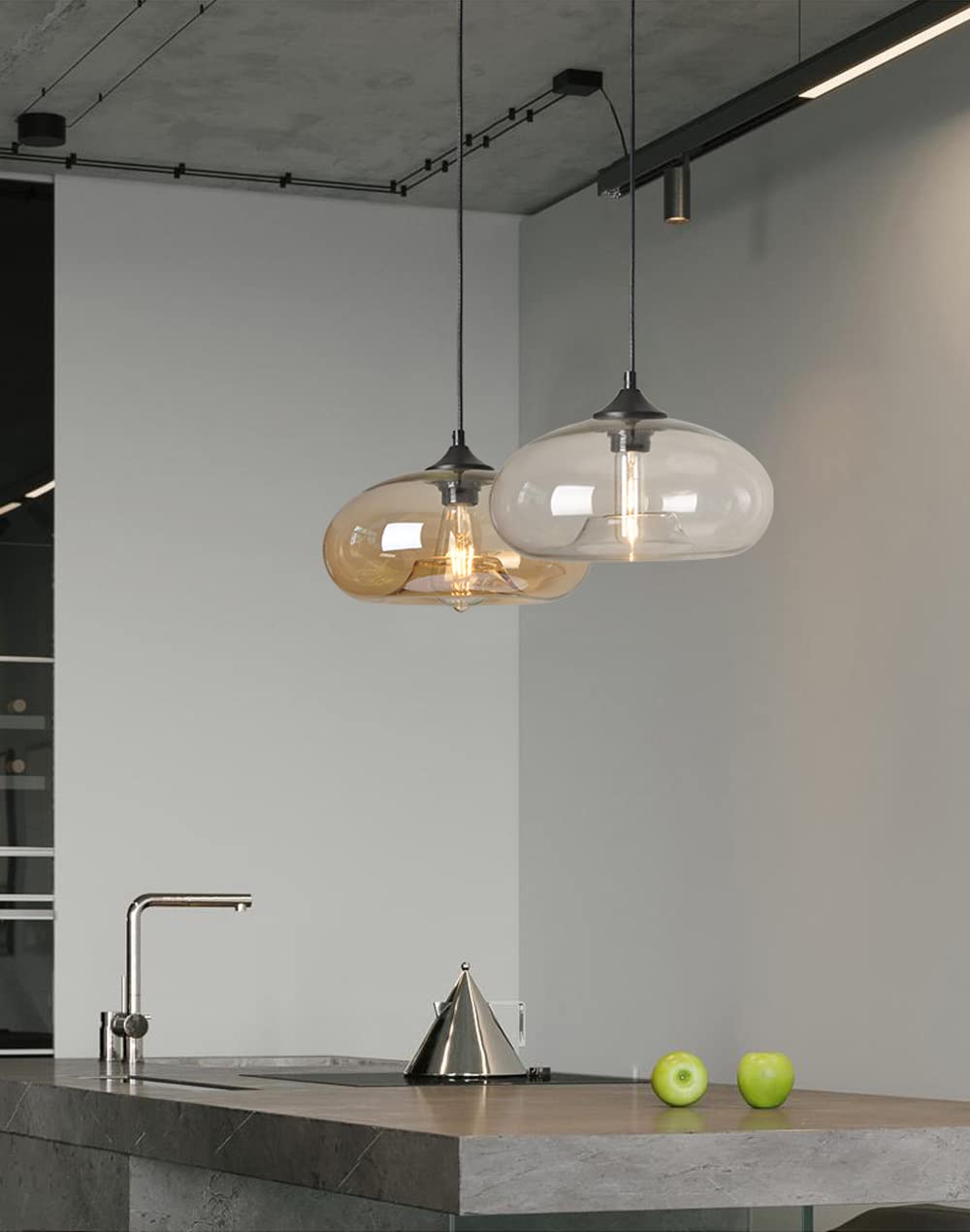 Vecys E27 Vintage Lampada a Sospensione Lampadario Moderno Industriale Retrò in Vetro Trasparente Lampadario Vintage Ambra