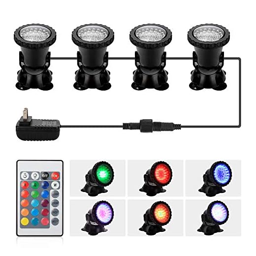 DOCEAN Pond Light, 36 LED IP68 Waterproof Underwater Submersible Spotlight with Remote, 4 Pack Multi-Color & Adjustable & Dimmable Aquarium Light, Landscape Lamp for Fish Tank Fountain (Upgraded)