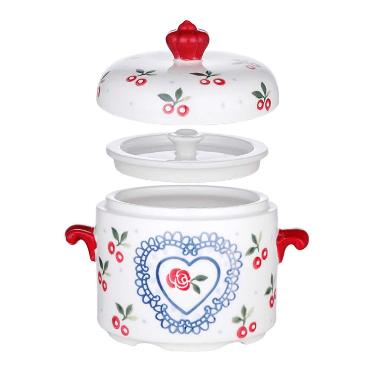 Olla Pequeña para Sopa de Cerámica 650ml Tapa, Doble Asa