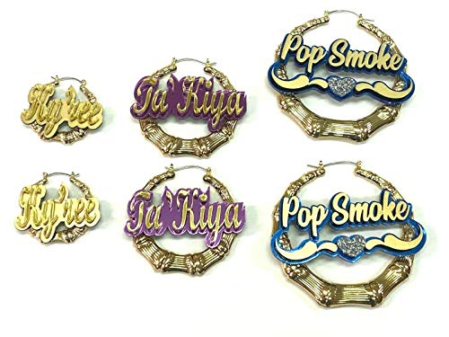 Personalized Custom Gold Hoop Bamboo Earrings Name Plate Laser Cut Design Stunning Look - Quality...