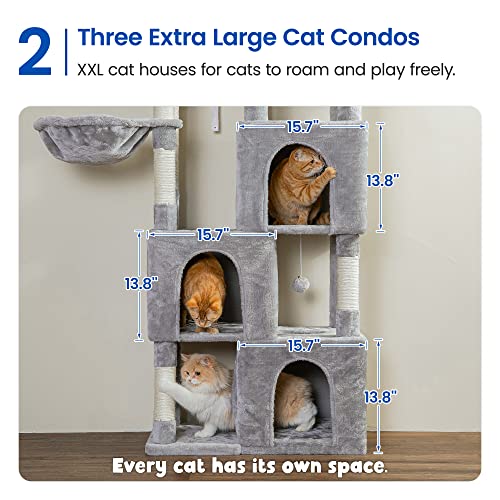Image of MWPO Extra Large Cat Tree - 70.1-Inch Tall Cat Tower with 3 Cat Condos, Multi-Level Cat Stand for Large Cats Featuring Scratching Posts, Padded Perches, Hammock, Dangling Toys, Light Grey