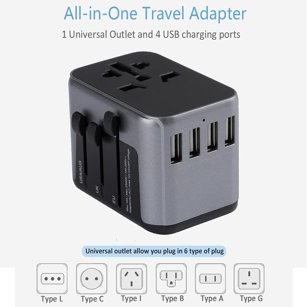 Adattatore di alimentazione universale in tutto il 4. USB Adattatore di caricabatterie per viaggiare con UE US UK AU Plug Socket per caricabatterie da viaggio universale Spina da viaggio per adattator
