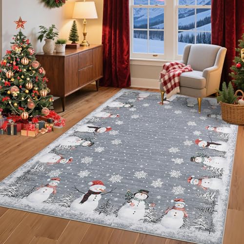 Washable Rugs 5x7 for Holiday Non Slip Christmas Living Room Area Rug Low Pile Dining Room Throw Carpet Holiday Large Kitchen Rugs Xmas Decoration Snowflakes Area Rugs for Nursery Bedroom, Grey