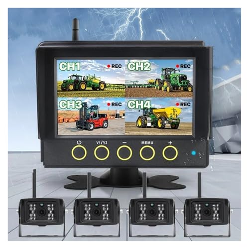 Cámara De Respaldo Grabadora Inalámbrica IPS AHD DVR 7 Pulgadas, Monitor Impermeable A Prueba Polvo, Cámara 4 Canales para Camión Carretilla Elevadora Excavadora(128G,2 Camera Add Bracket)