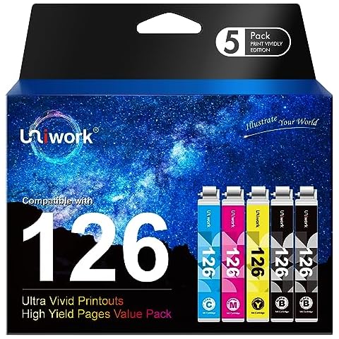 Uniwork Remanufactured 126 Ink Cartridges Replacement for Epson 126 T126 use for Workforce 435 520 545 635 645 WF-3520 WF-3530 WF-3540 WF-7010 WF-7510 WF-7520 Stylus NX430 Printer 5 Pack Cover