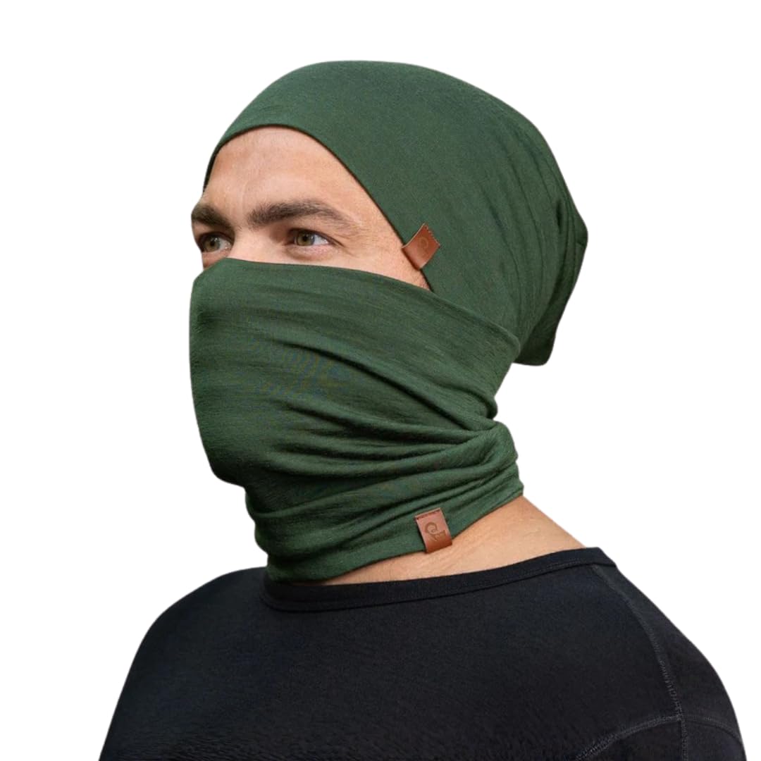 menique Gorro de hombre y polaina de cuello 100% lana merino, verde oscuro, Taille unique