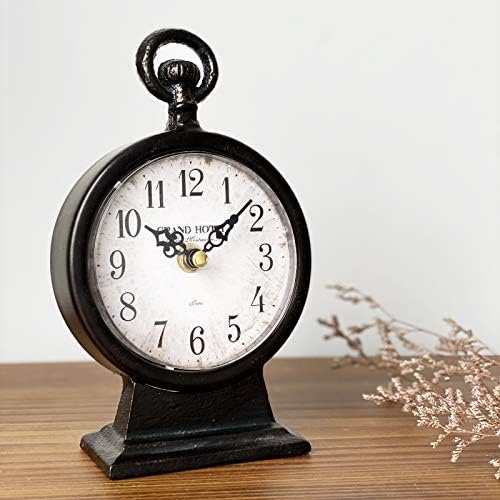 JUMBO DECOR Vintage Black Cast Iron Table Clock on Stand,Decorative Metal Desk and Shelf Clock,Rustic Mantel Clock for Kitchen,Living Room - Battery Operated - 4.75" x 2.55" x 7.7"