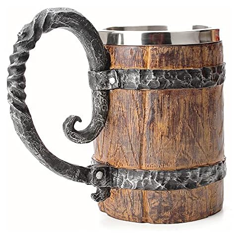 OTARTU Vintage Faux Oak Wood Barrel Beer Mug, Medieval Retro Viking Stainless Steel Coffee Cup Stein Tankard,17oz/500ML Cup Mug,Unique Gift Cover