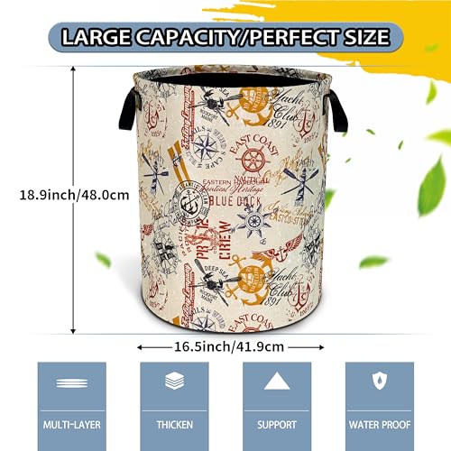 Image of Anchor Compass Laundry Basket Foldable Waterproof Hamper 18.9 x 16.5 Inch | Oxford Cloth With Reinforced Handles Lining Design Large-Capacity Storage For Bathrooms /Laundry Rooms / Living Rooms /Bedrooms