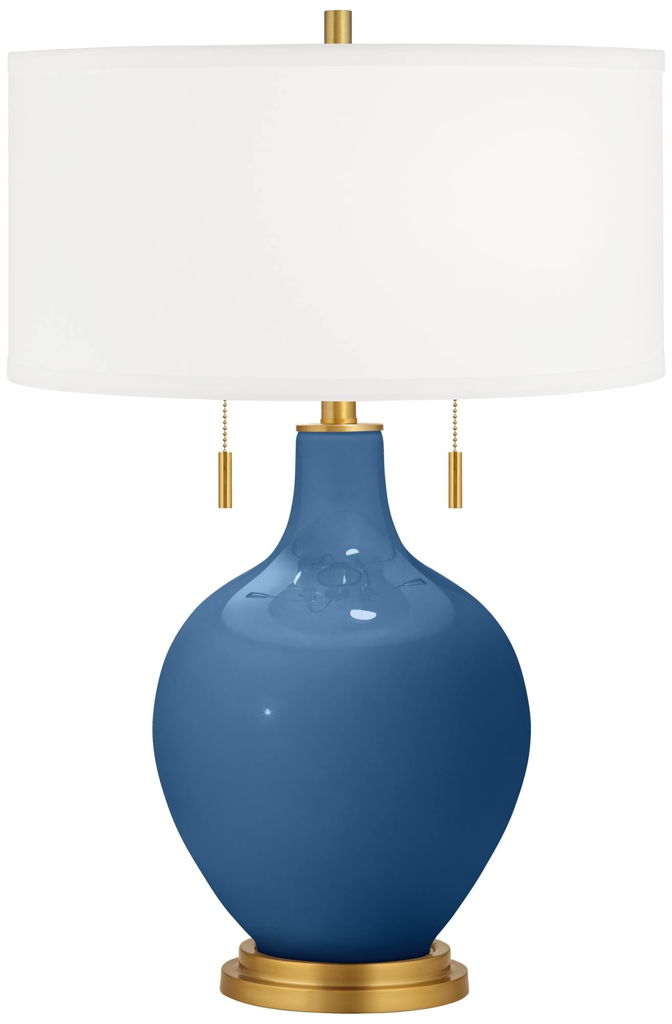 Color + Plus Toby 28" Tall Modern Coastal Glass Table Lamp Pull Chain Regatta Blue Gold Brass Finish Single Fabric White Shade Living Room Bedroom