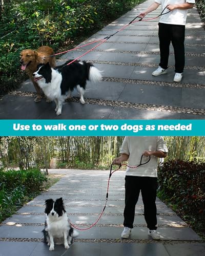 Laisse double pour chien 1,2 cm PetBonus rouge anti-emmêlement et réfléchissante - 6