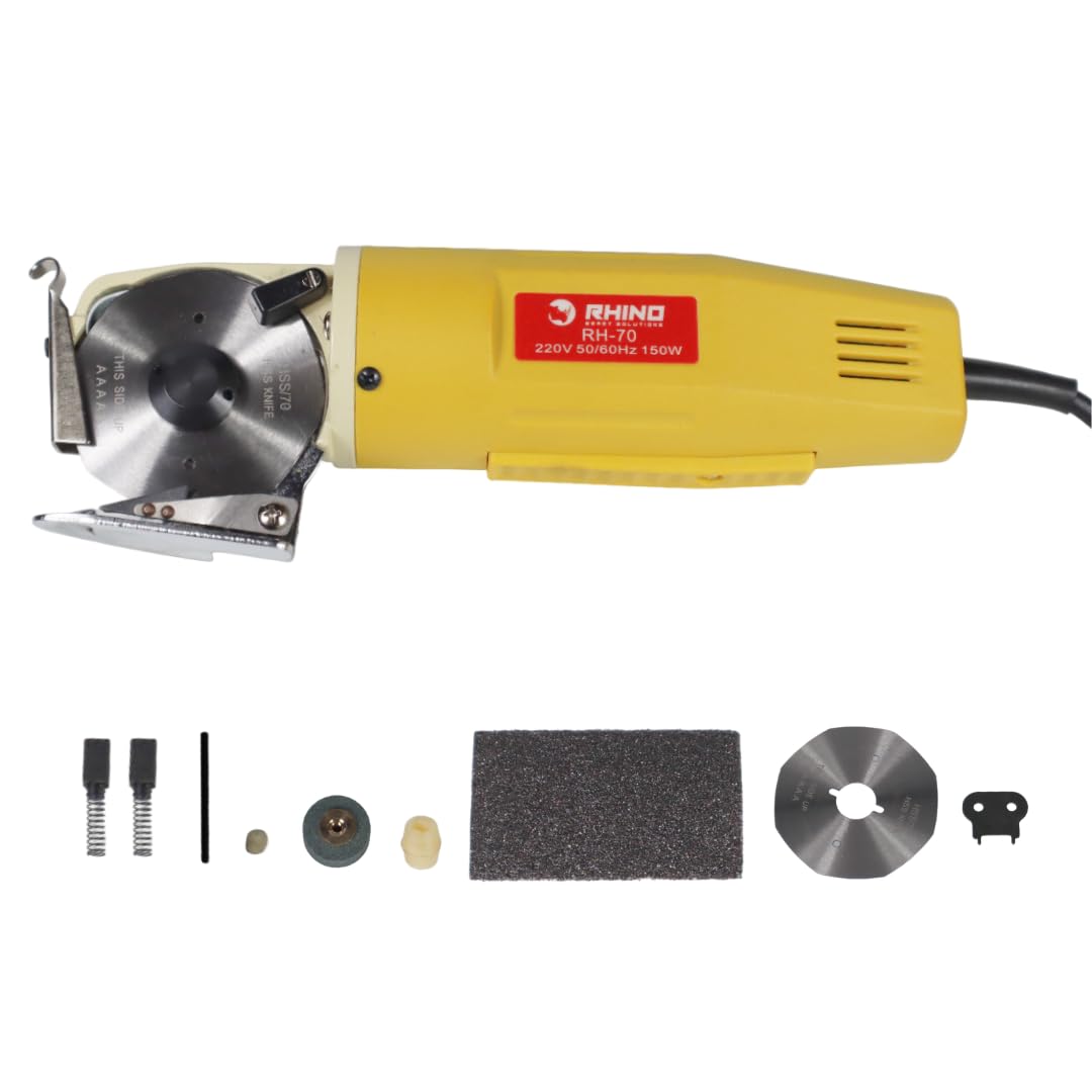 RHINO Smart Solutions RH-70 Taglierina per tessuti industriali elettrici con lama da 70 mm e spessore massimo di taglio 25 mm | Taglierina elettrica per artigianato, tessuti, pelle, taglio dritto e