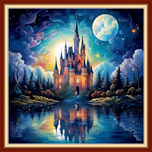 Image of Joyhoor Stamped Cross Stitch Kits for Beginners, Needlepoint Kits for Adults, 11CT Counted Embroidery Kits-Magic Castle 18x18 inchs