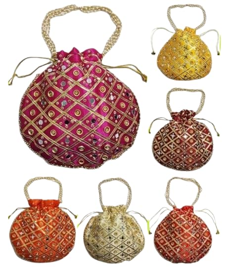Women Silk Blend Potli Bag with Pearl Handle & Mirror Work | Ethnic Batwa Clutch for Wedding & Parties Wear | Drawstring Purse for Gifting | Pack of 6-picture-52