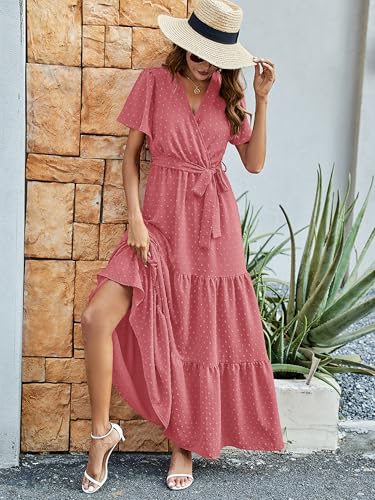 Image of MASCOMODA Women Boho Swiss Dot Maxi Dresses Wrap V Neck Flutter Short Sleeve Solid Tie Waist A Line Tiered Flowy Long Dresses