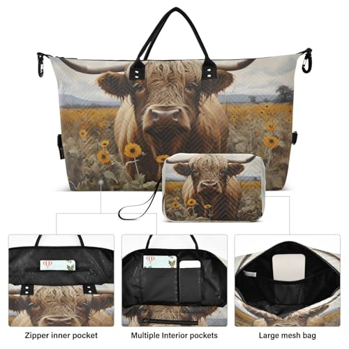 CEBUGI Highland Cow with Sunflowers Quilted Duffle Bag for Women Large Carry On Travel Weekend Bag Hospital Bags for Labor and Delivery2