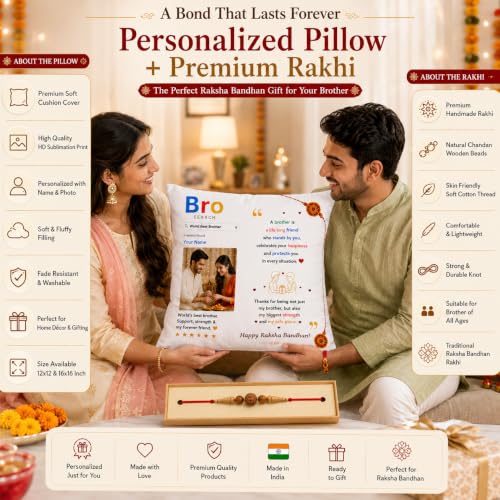 Image of Personalized Photo Pillow 12x12 Inch Cushion with Cover & Filler - Custom Gift for Birthday, Anniversary, Couple, Girlfriend, Boyfriend, Husband, Wife, Friends. (RakhiPilow-06)