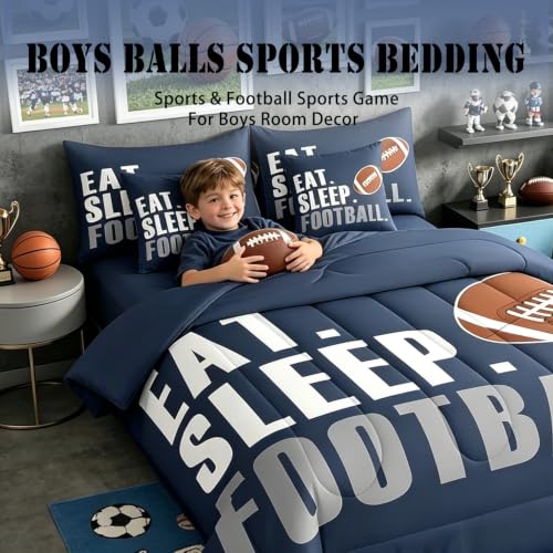 Image of Feelyou Boys Football Comforter Set 7 Pieces Twin Size American Sports Bedding Set for Kids Adults Navy Blue Rugby Bed in a Bag Ball Games Room Decor Football Player Gift