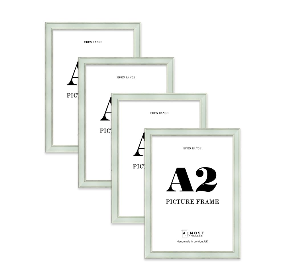 A2 Sage Green Picture Frame - Shabby Chic Photo Frame with Distressed Finish, Gold Trim, Wall Hooks, 37mm Edge - 4 Pack
