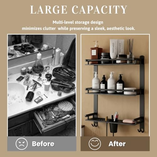Image of GLOXY Premium Combo Pack of 3 Black Matte Finish Bathroom Shelf Rack - 4 in 1 Stainless Steel Wall Mount Bathroom Soap Rack with Toothbrush Holder - Bathroom Fittings Accessories Set