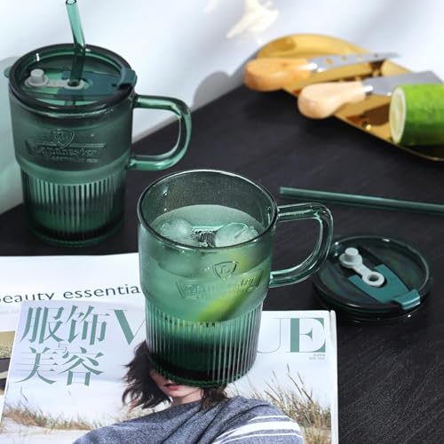 Image of Glass Coffee Cups Tumbler with Handle Lid and Straw, Smoothie Iced Coffee Tea Glasses Mug, Green Colored Drinking Jar for Water Juice Beverages Soda Milk (450ML, Pack of 1, Green)