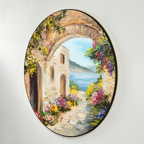 Image of PAINTINGMANTRA House Near The Sea Round Large Wall Art Painting for Living Room Decoration, Circular Gold Metal Finish Stylish Large Wall Art Print for Wall Decor (22x22 Inches)