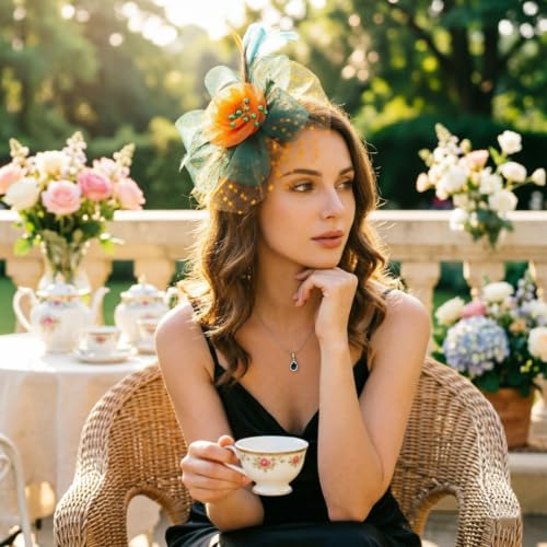 Image of DRESHOW Fascinators Hat Flower Mesh Ribbons Feathers on a Headband and a Clip Tea Party Headwear for Girls and Women