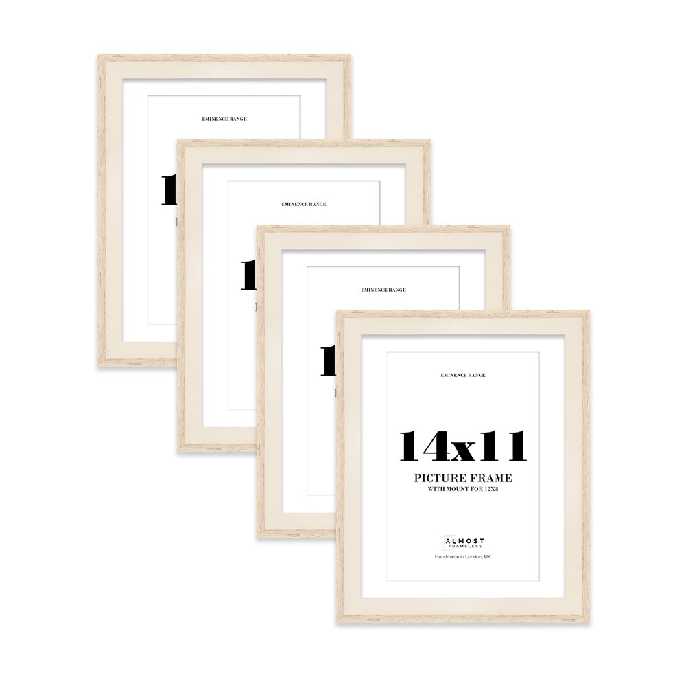 14x11" Oak Picture Frame with 12x8" Mount - Shabby Chic Photo Frame with Distressed Finish, Wall Hooks and Kickstand, 32mm Edge - 4 Pack