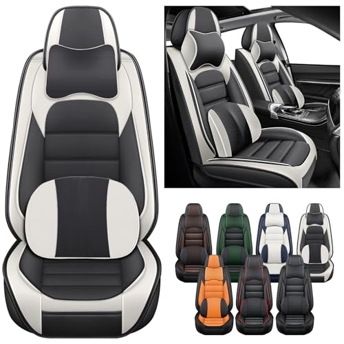 Megaseat Car Seat Covers for Chevrolet Chevy Tahoe 2007-2025, Leather Auto Seat Cover Luxury Cushions Waterproof Seat Protectors (Gray White,Front Set with Pillow)