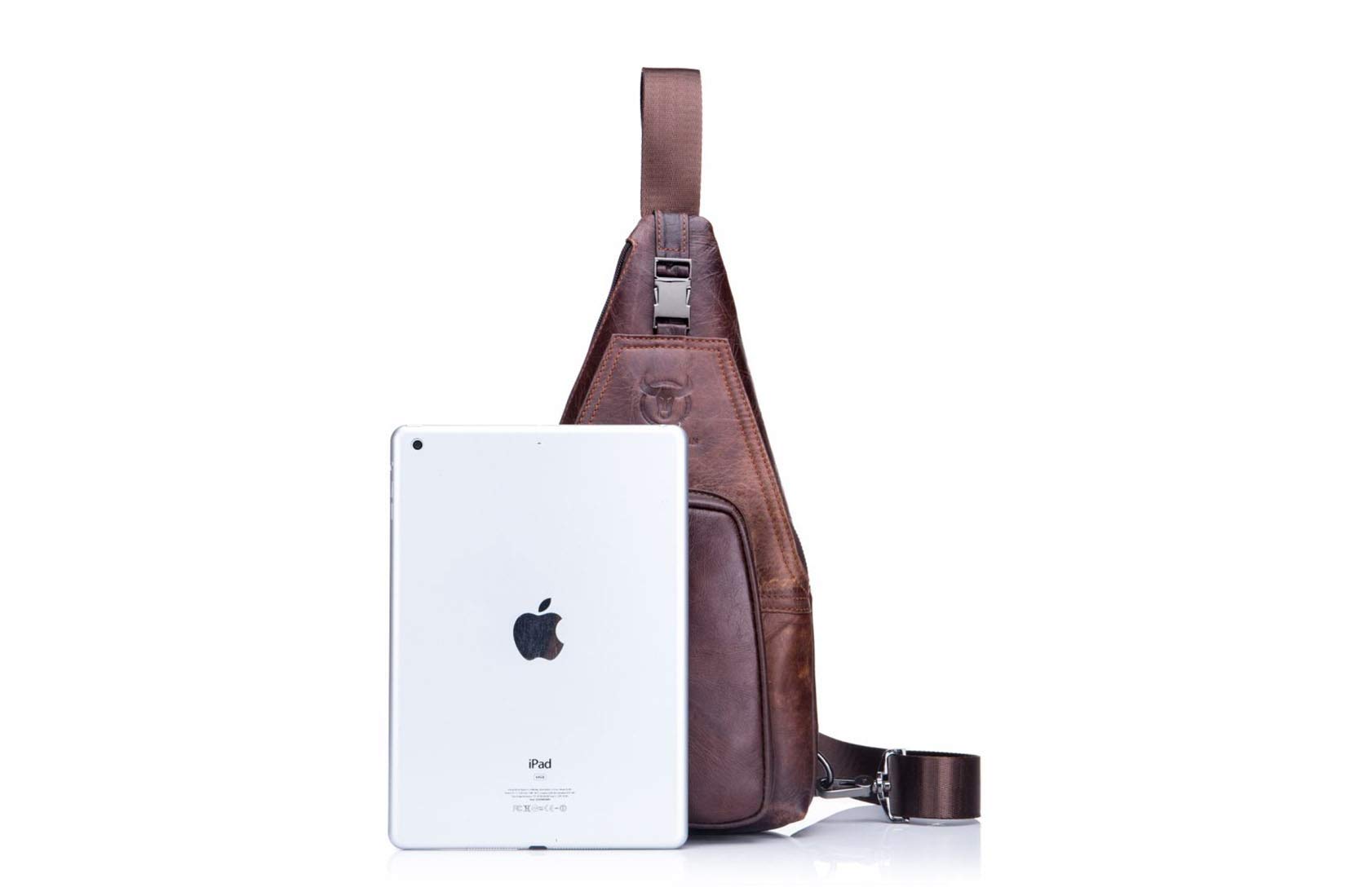 BULLCAPTAIN Bolso Hombres de Pecho Bolsa Bandolera, Mochila de Cuero Autentico Bolsos de Mochila Mochila Messenger Bag Daypack para el Negocio Casual Sport Hiking Travel Marrón