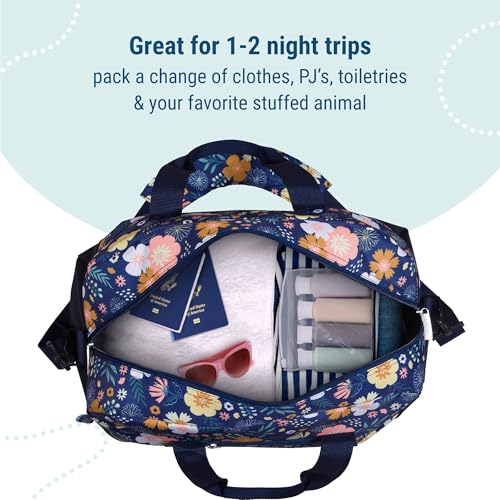 Image of Wildkin Kids Overnighter Duffel Bag - Carry-On Travel Bag for School & Sleepovers, Lightweight, Durable, Boys & Girls Ages 4-15 - Floral Bloom