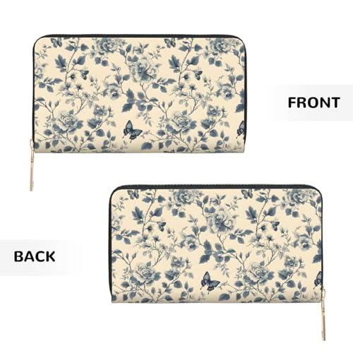 Leather Thin Slim Wallets for Women Men - Fashion Ink Blue Butterfly Flower Print Card Wallet Holder with Zipper 7