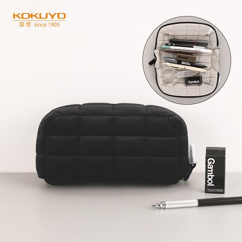 Image of KOKUYO Padded Pencil Holder, Soft Stationery Pouch, Mococo Black | Flat Opening for Full Visibility. Padded Fluffy Material. Holds Approx. 12 Pens. Soft Cushiony Pen Bag for Work or Travel