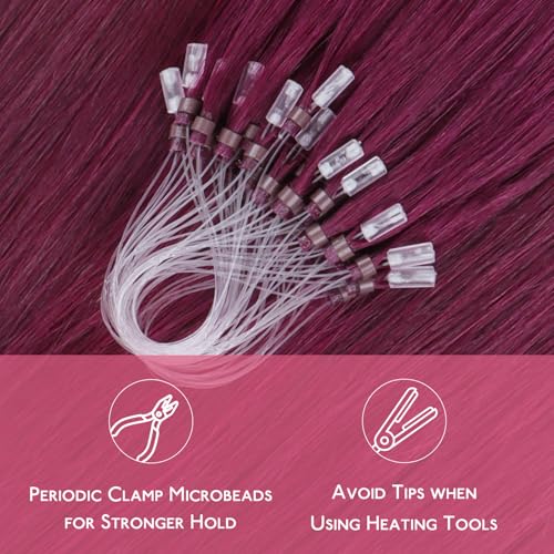 Image of WENNALIFE Microlink Hair Extensions Human Hair, 50g 50s 24 Inch Light Burgundy Remy Hair Microbead Micro Link Microloop Microring Invisible Straight Natural Fusion Installation