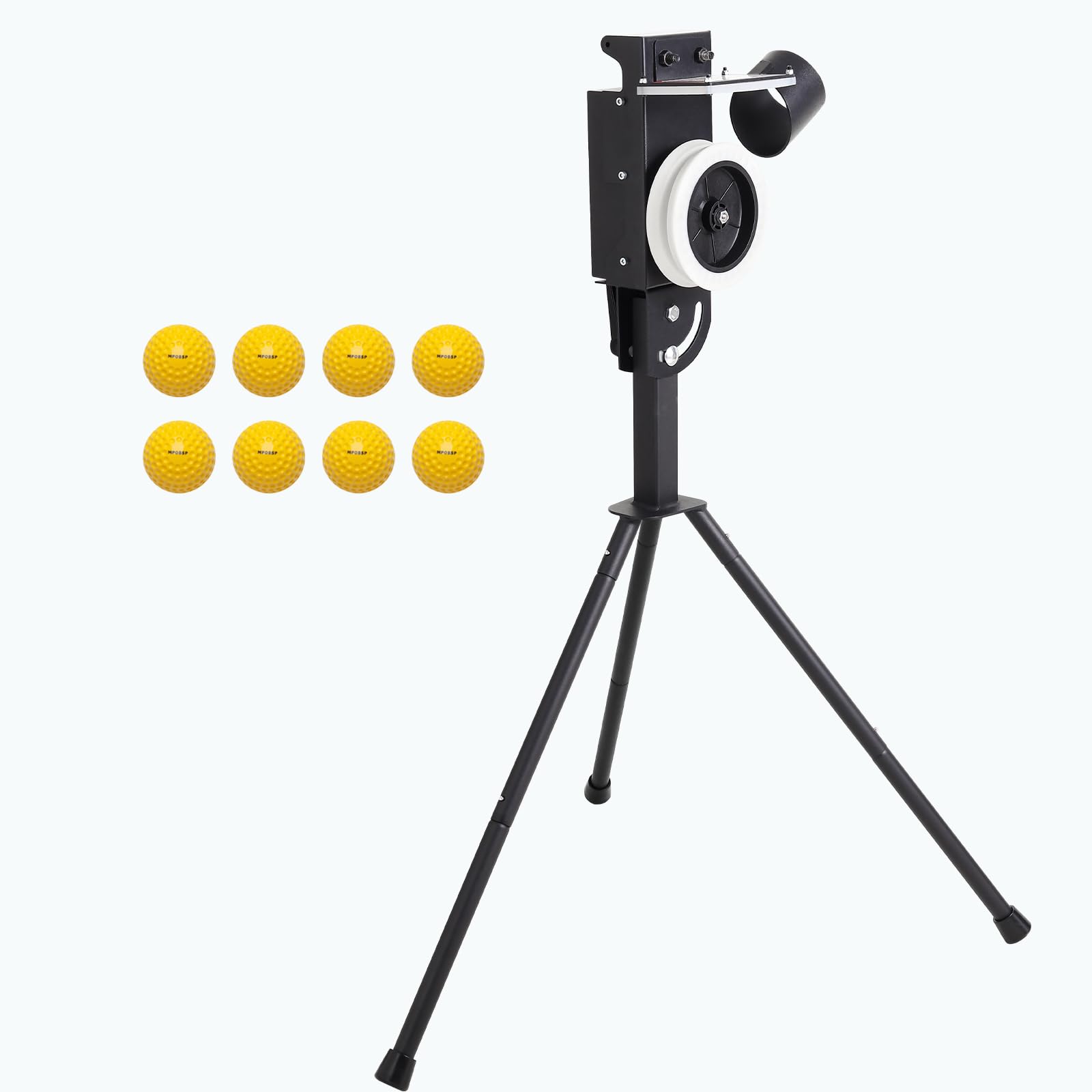 MPOBSP Lite 9" Baseball Pitching Machine with 8 Dimpled Baseballs - Adjustable Speed & Angle, 45MPH, Lightweight & Portable for Hitting/Fielding