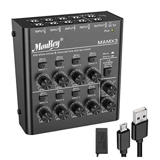 Moukey Mezclador deLínea 8 Canales/Mesa Mezcla Ultra Bajo Ruido/Mini Mezclador deAudio DC 5V 4-Stereo para Pequeños Clubes o Bares
