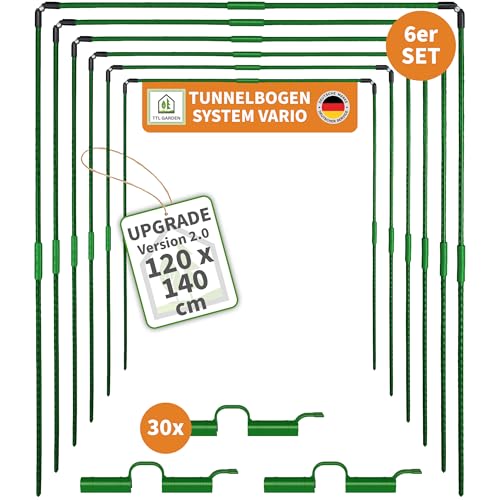 TTL GARDEN Vario 120 6xTunnelbogen System - 6er Set Folientunnel Bögen B 120 x H 140 cm zur Beetabdeckung - 4 mögliche Größen - rostfreie Stahl Tunnelbögen kunststoffbeschichtet + 30 Halteclips
