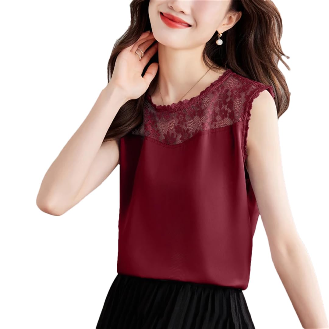Canotta da donna in raso di seta con scollo a V primaverile estate moda patchwork pizzo ricamato canotte