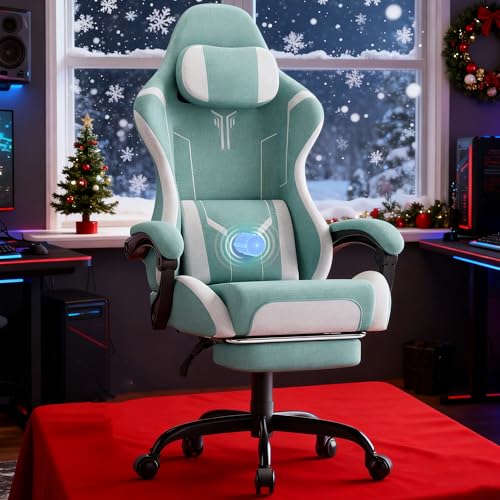 Eldzenith Gaming Stuhl mit Massagefunktion, Gamingstuhl mit Fußstütze, Frühling Kissen, Gaming Chair Ergonomisch, Baumwolle, Rückenlehne verstellbar, Höhenverstellbarer, Zocker Stuhl (Grün)
